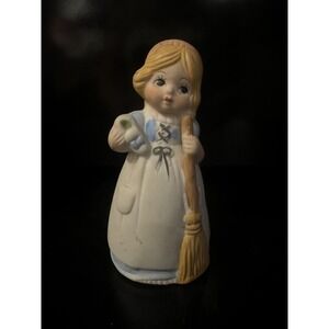 Vtg 1978 Jasco Merri Bells Bisque Porcelain Girl 4" Tall Holding Broom Bell EUC